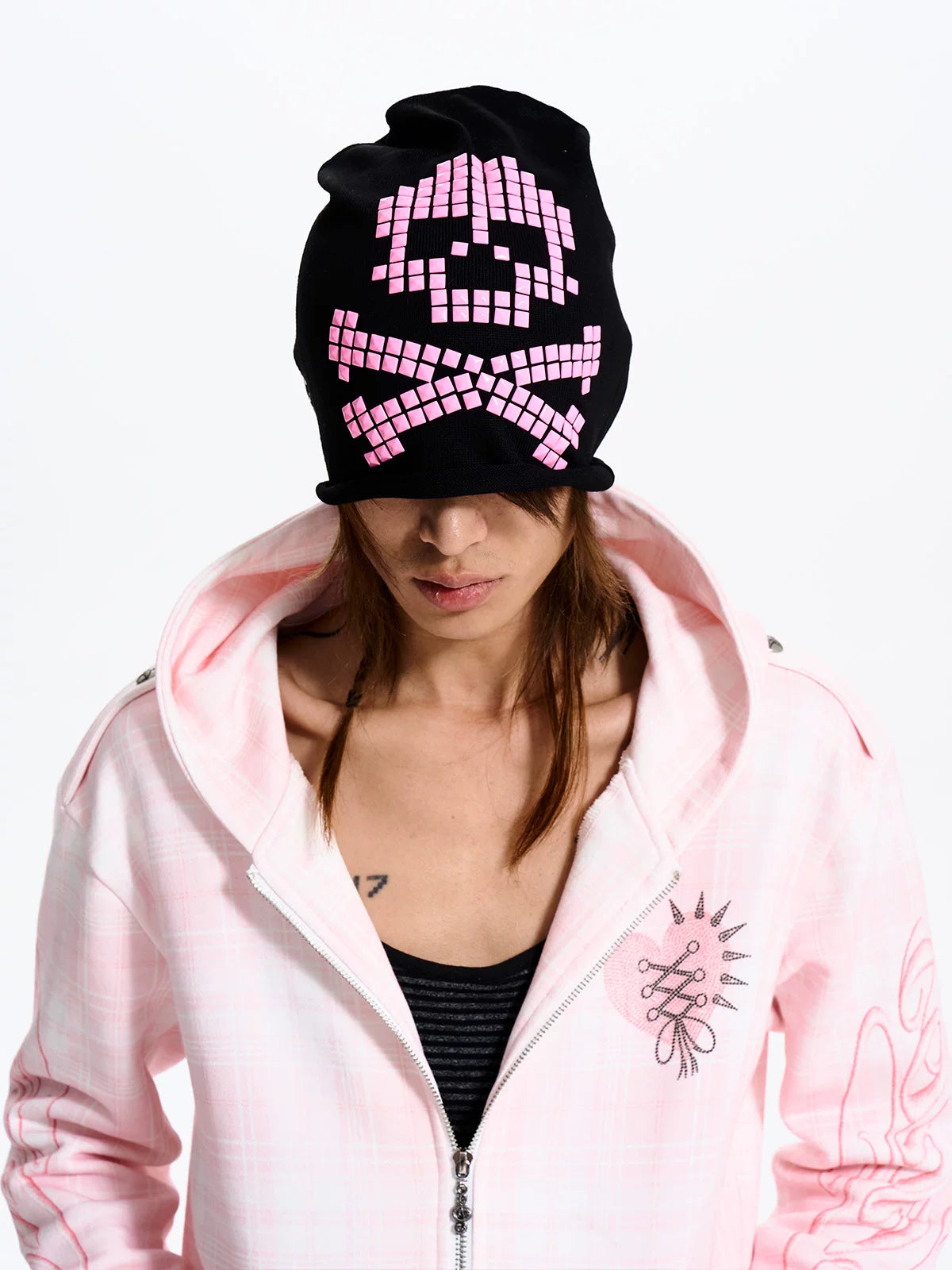 Fourth3ex Pixel Skull Studded Slouchy Beanie - Black with pink hoodie