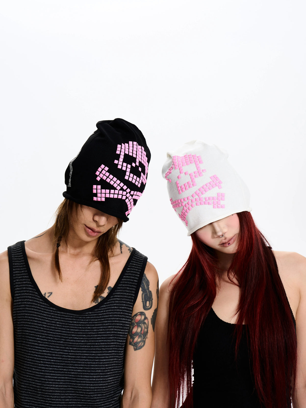 Fourth3ex Pixel Skull Studded Slouchy Beanie - Black and White worn slouched