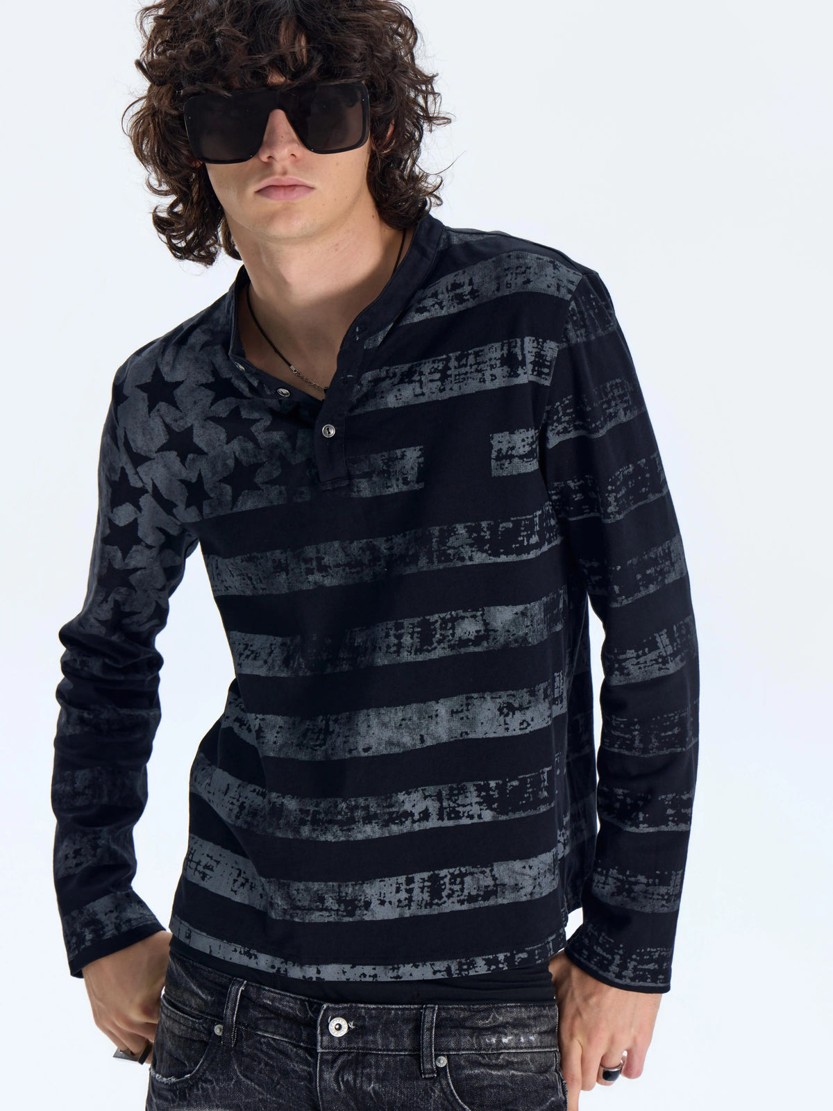 NumbAsia Distressed Stars and Stripes Henley Long-Sleeve Tee - front upper-body view