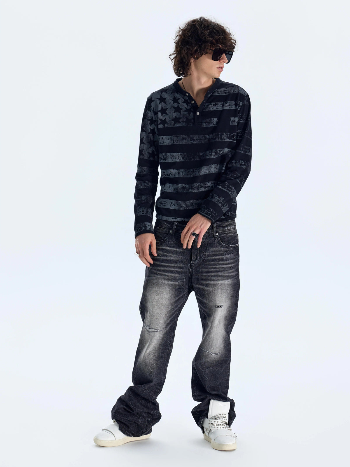 NumbAsia Distressed Stars and Stripes Henley Long-Sleeve Tee - full styled outfit