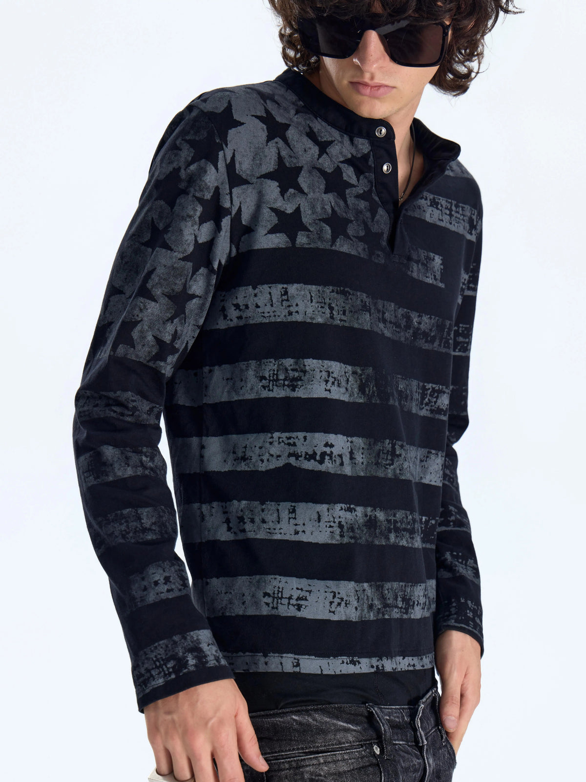 NumbAsia Distressed Stars and Stripes Henley Long-Sleeve Tee - Henley placket and print detail