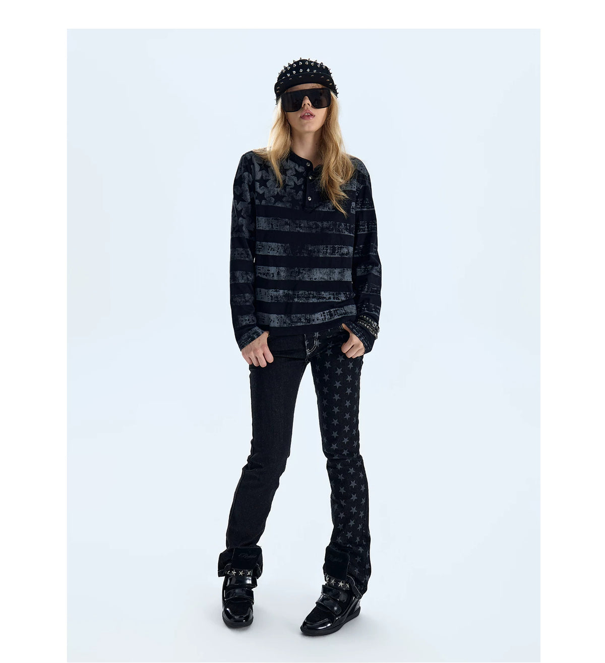 NumbAsia Distressed Stars and Stripes Henley Long-Sleeve Tee - second model front view