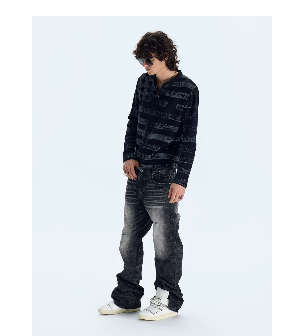 NumbAsia Distressed Stars and Stripes Henley Long-Sleeve Tee - side styled view