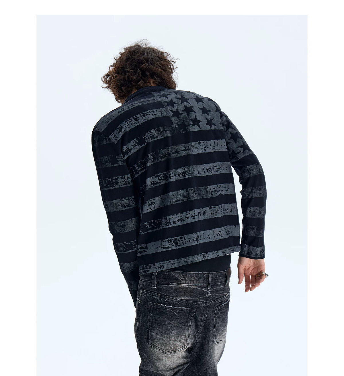 NumbAsia Distressed Stars and Stripes Henley Long-Sleeve Tee - back pattern on first model