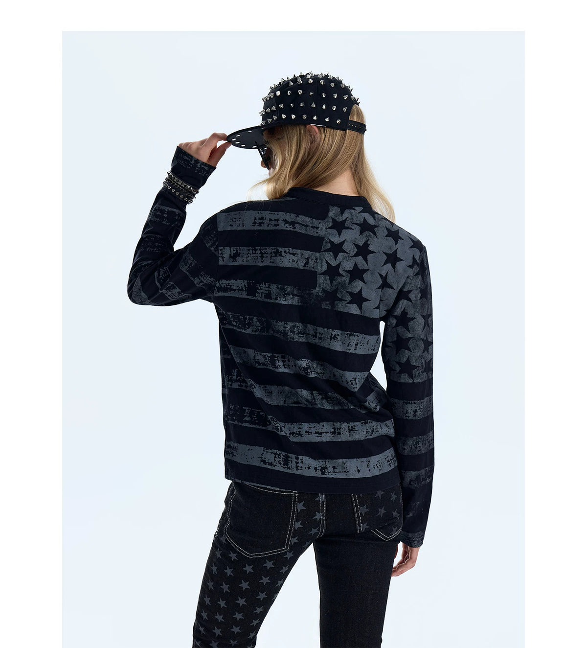 NumbAsia Distressed Stars and Stripes Henley Long-Sleeve Tee - back pattern on second model
