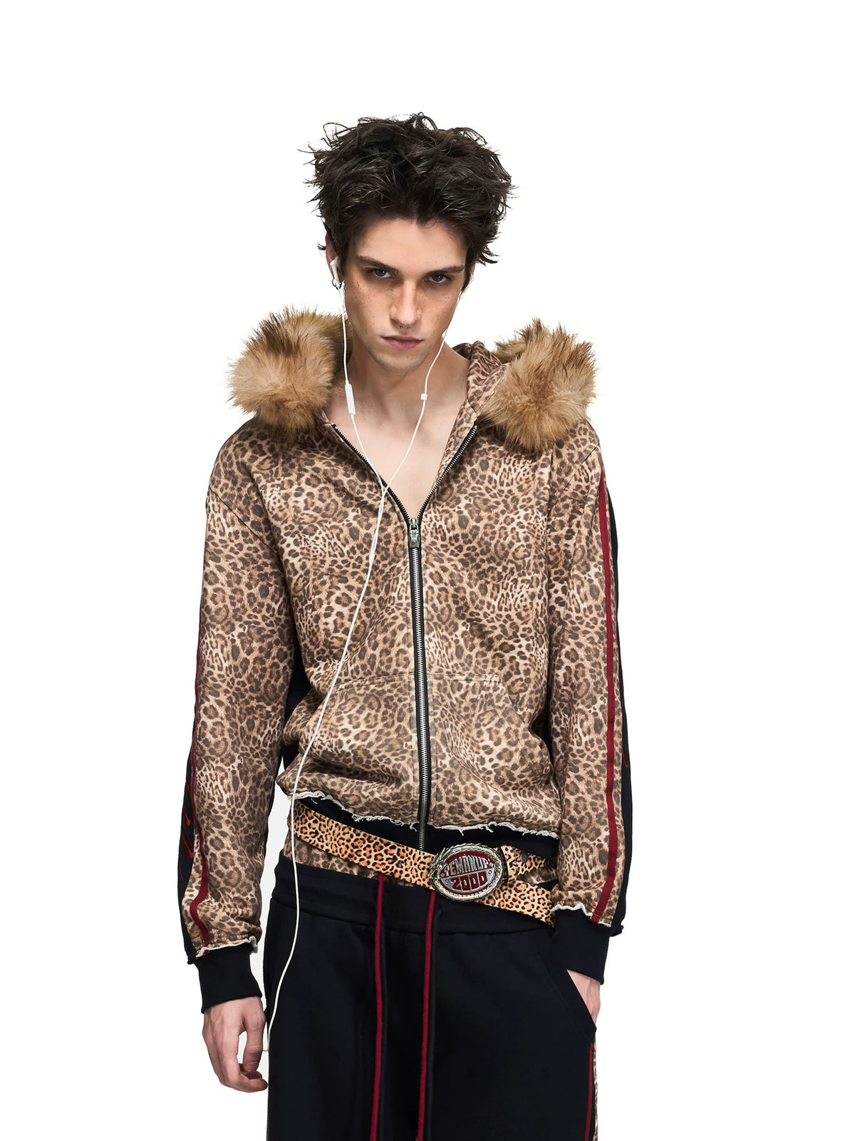 PEOPLESENSE Leopard Print Fur Hood Zip Hoodie - front view