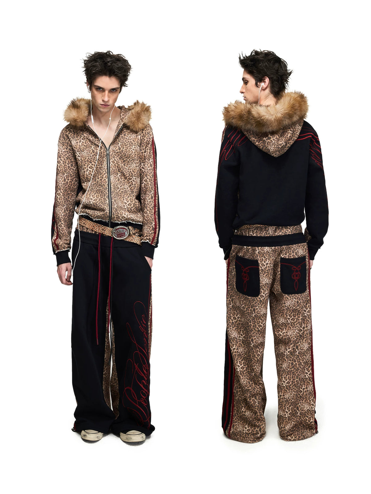 PEOPLESENSE Leopard Print Fur Hood Zip Hoodie - front and back full look