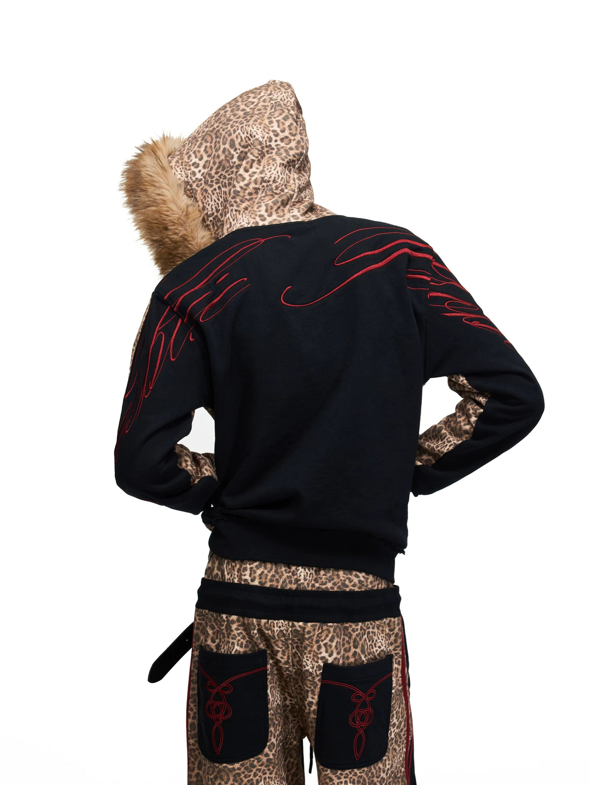PEOPLESENSE Leopard Print Fur Hood Zip Hoodie - back embroidery detail