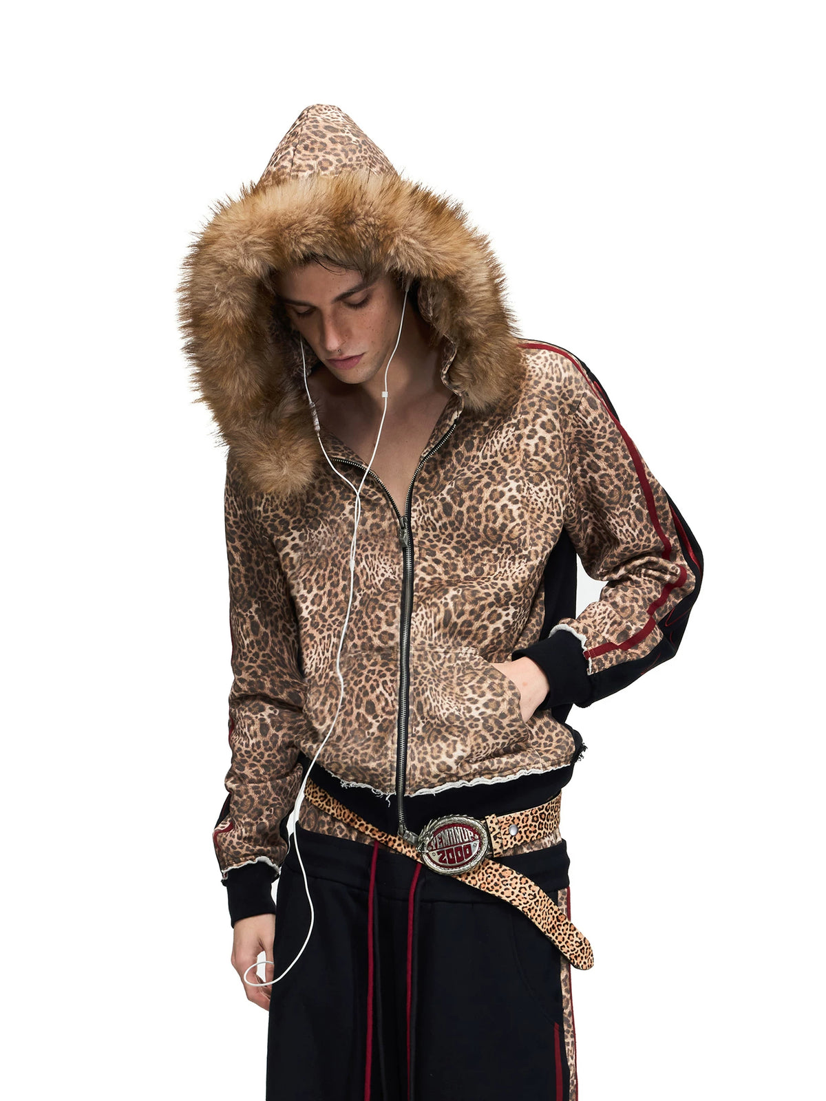 PEOPLESENSE Leopard Print Fur Hood Zip Hoodie - hooded fur trim front