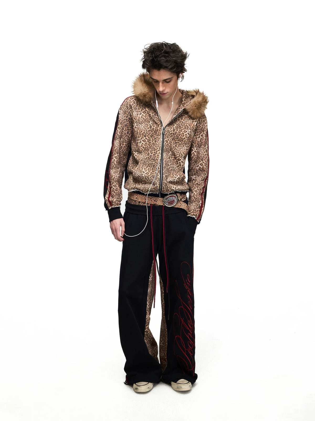 PEOPLESENSE Leopard Print Fur Hood Zip Hoodie - standing full look