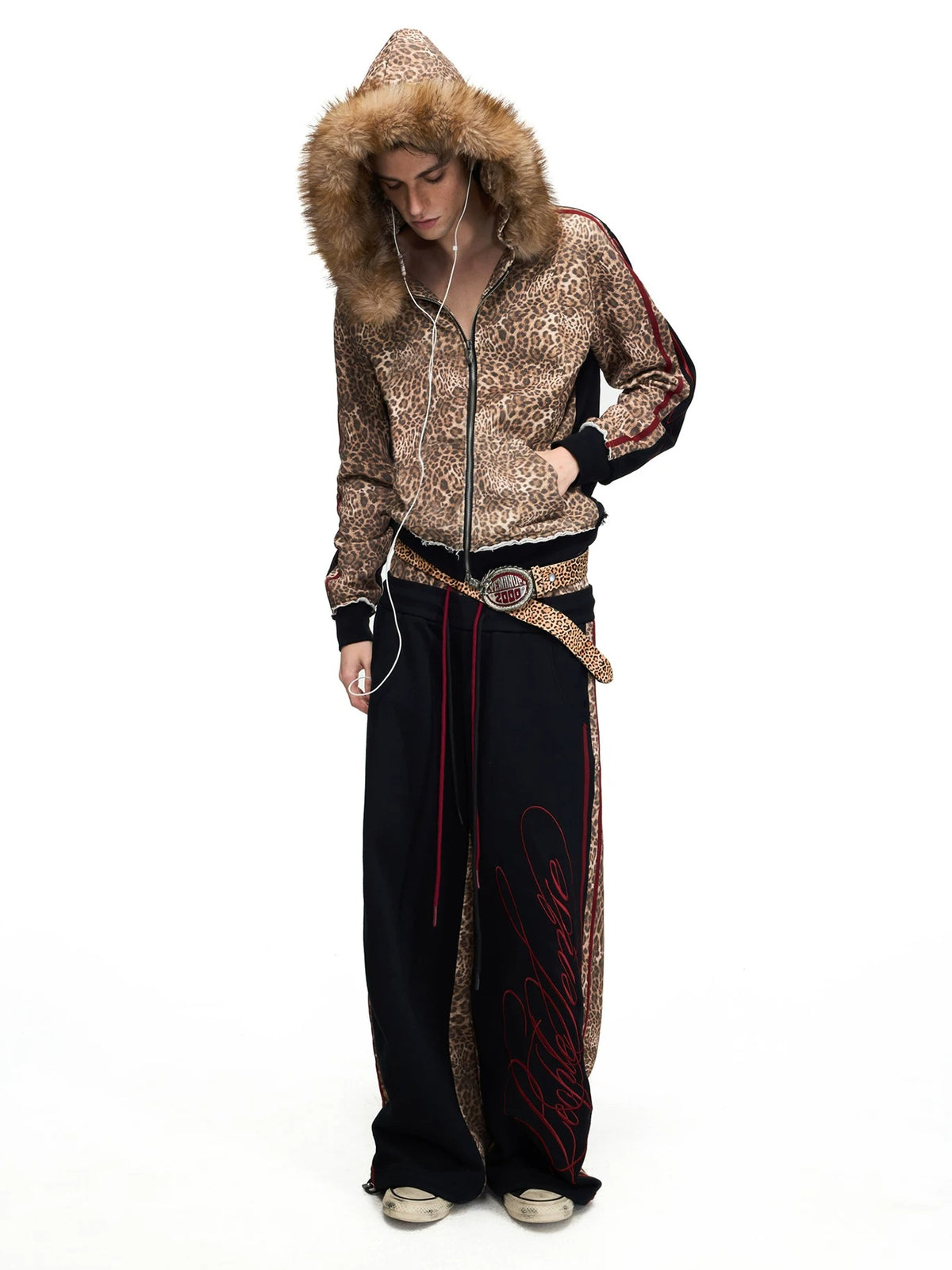 PEOPLESENSE Leopard Print Fur Hood Zip Hoodie - hood up full look