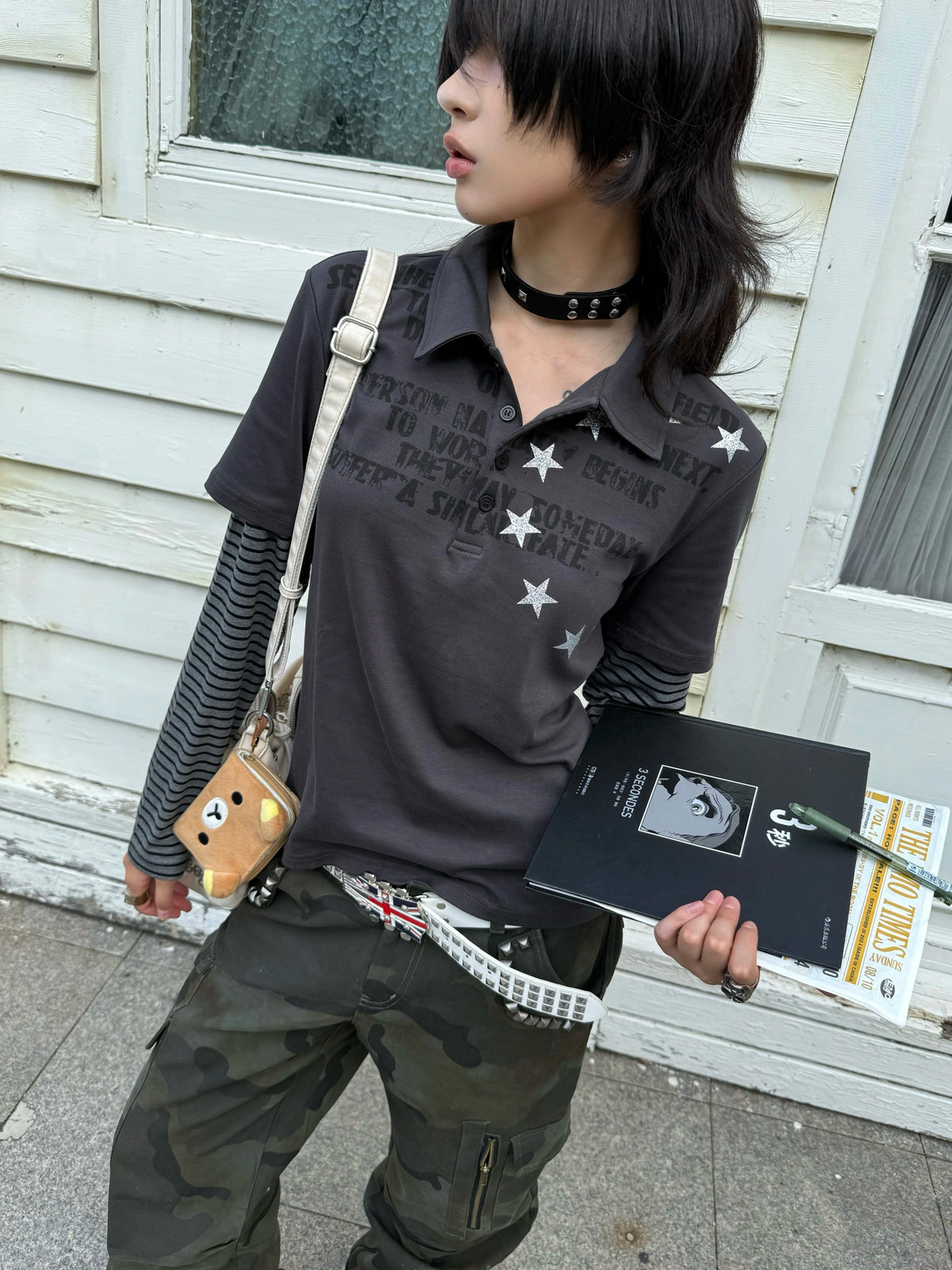 NumbAsia Star Slogan Layered Polo Top - charcoal street model