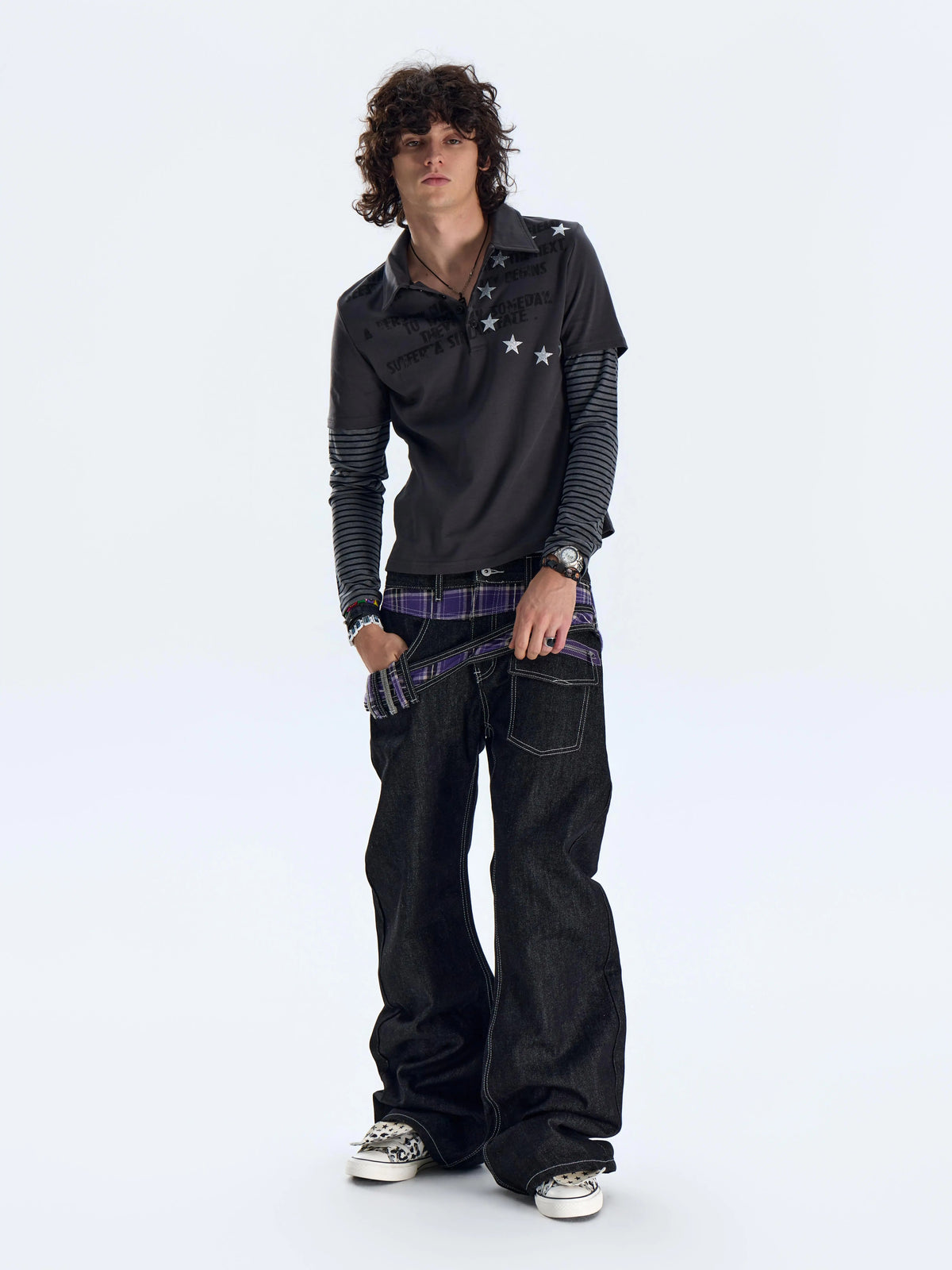 NumbAsia Star Slogan Layered Polo Top - charcoal model full look