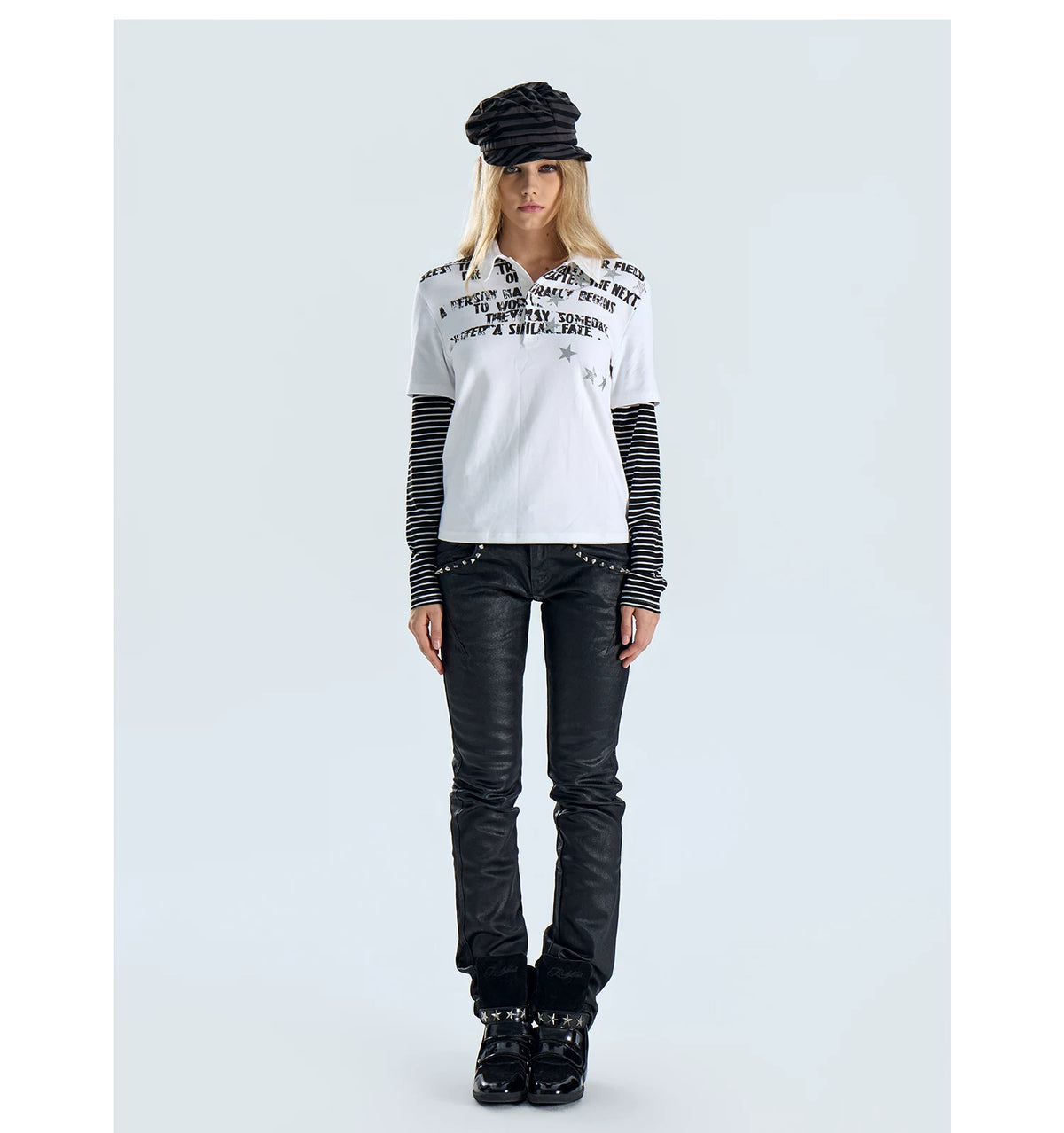 NumbAsia Star Slogan Layered Polo Top - white front look