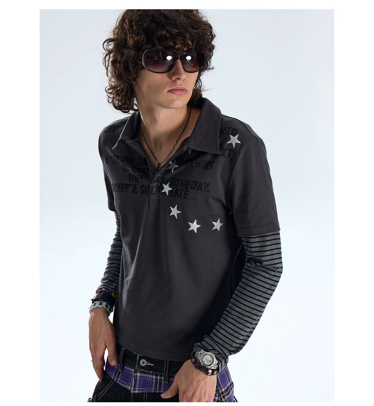 NumbAsia Star Slogan Layered Polo Top - charcoal front detail