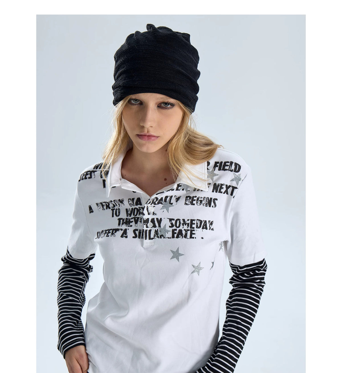 NumbAsia Star Slogan Layered Polo Top - white typography detail