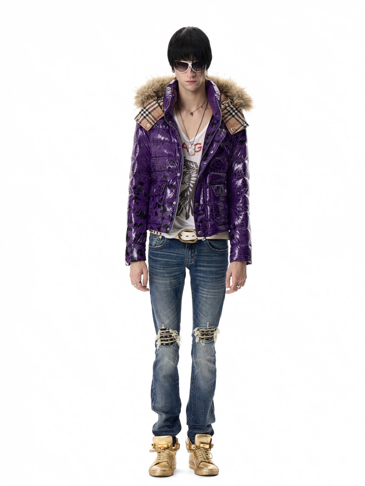 noEmosen Purple Leopard Glossy Fur-Hood Down Jacket - Purple front open