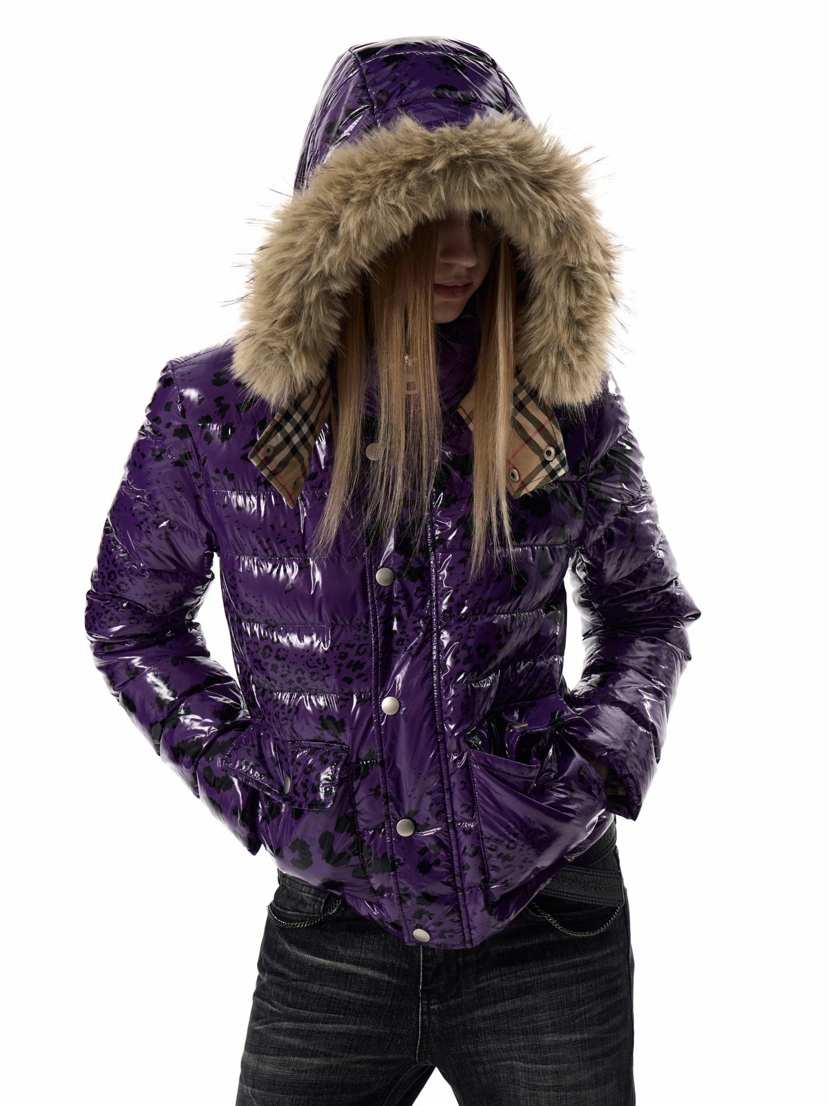 noEmosen Purple Leopard Glossy Fur-Hood Down Jacket - Purple front close-up with fur hood