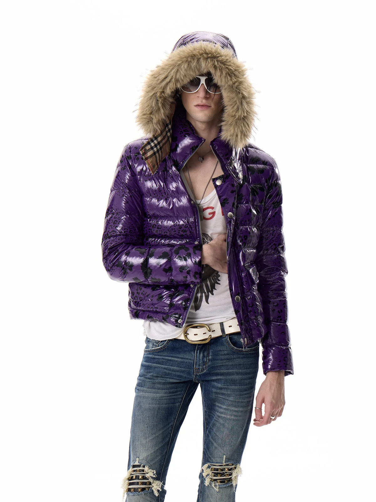noEmosen Purple Leopard Glossy Fur-Hood Down Jacket - Purple front half body