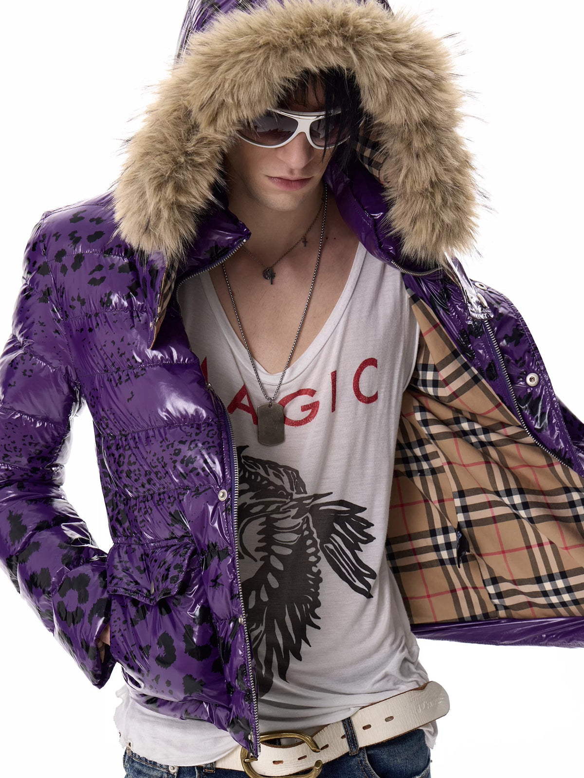 noEmosen Purple Leopard Glossy Fur-Hood Down Jacket - Purple open front showing plaid lining