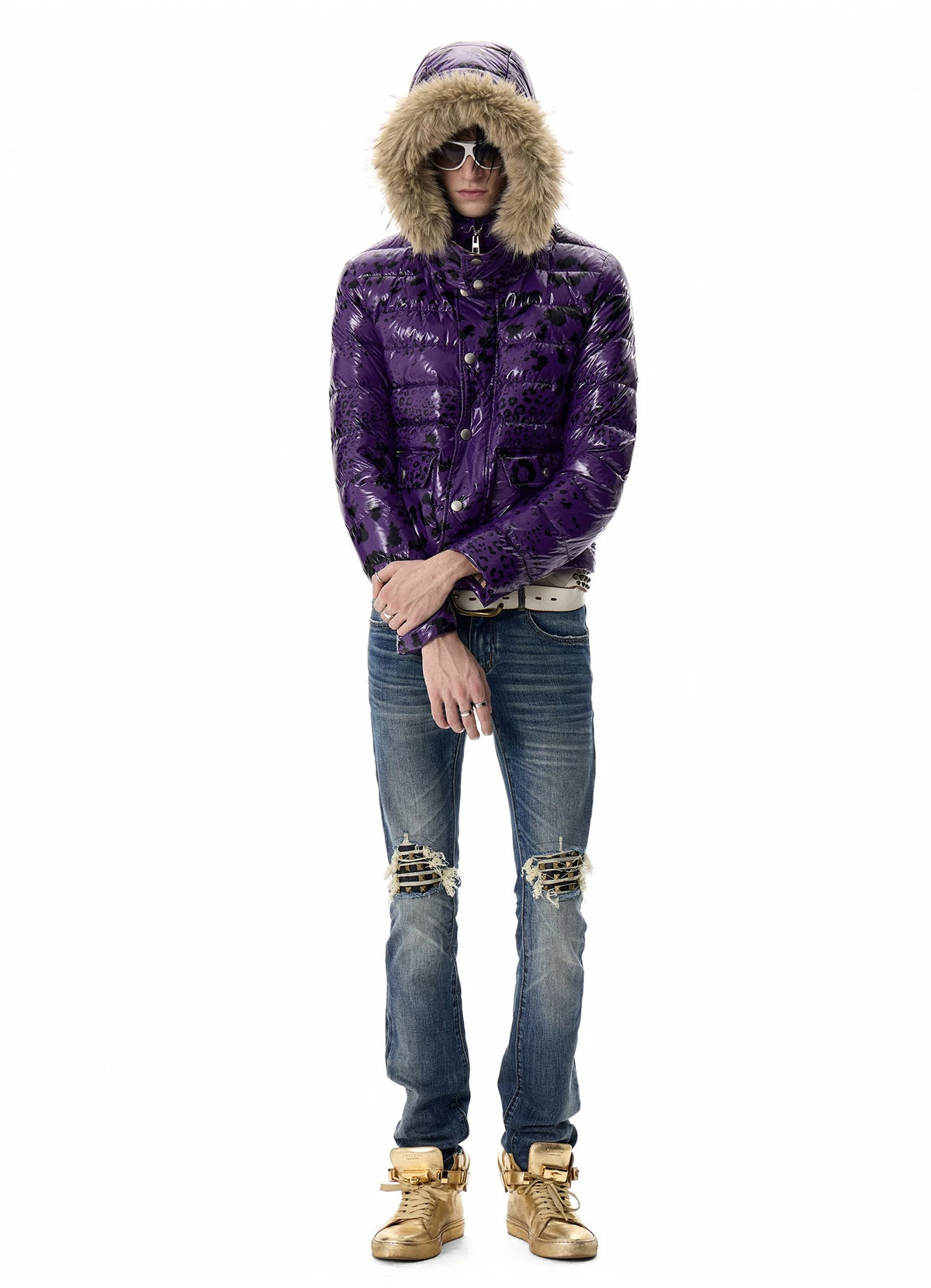 noEmosen Purple Leopard Glossy Fur-Hood Down Jacket - Purple front full length