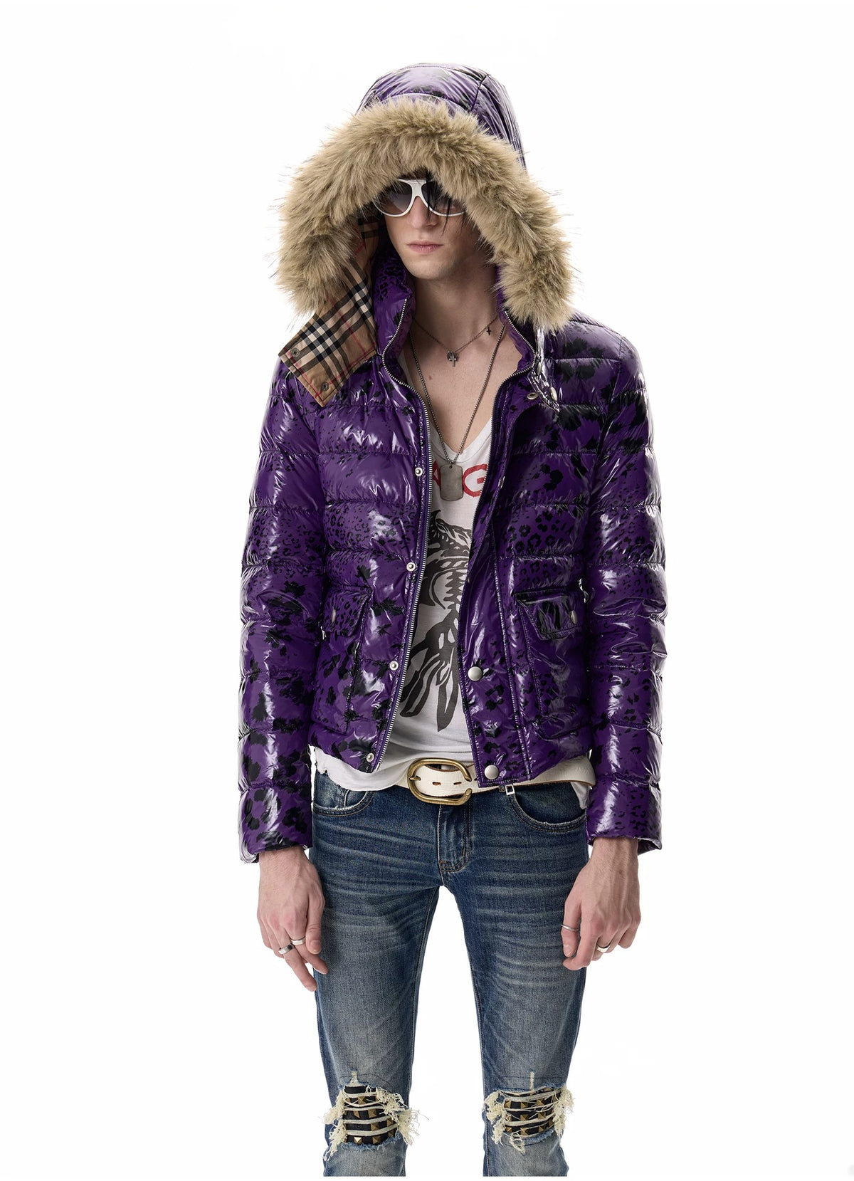 noEmosen Purple Leopard Glossy Fur-Hood Down Jacket - Purple front half body