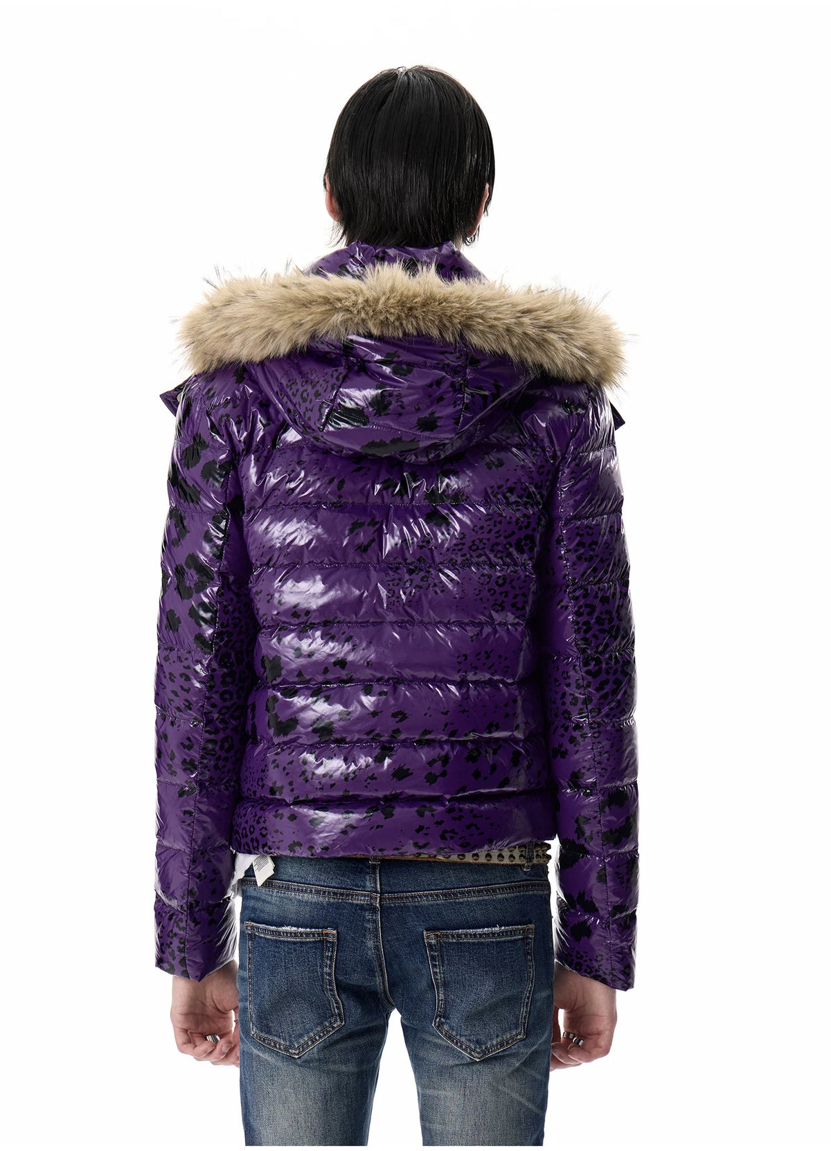 noEmosen Purple Leopard Glossy Fur-Hood Down Jacket - Purple back