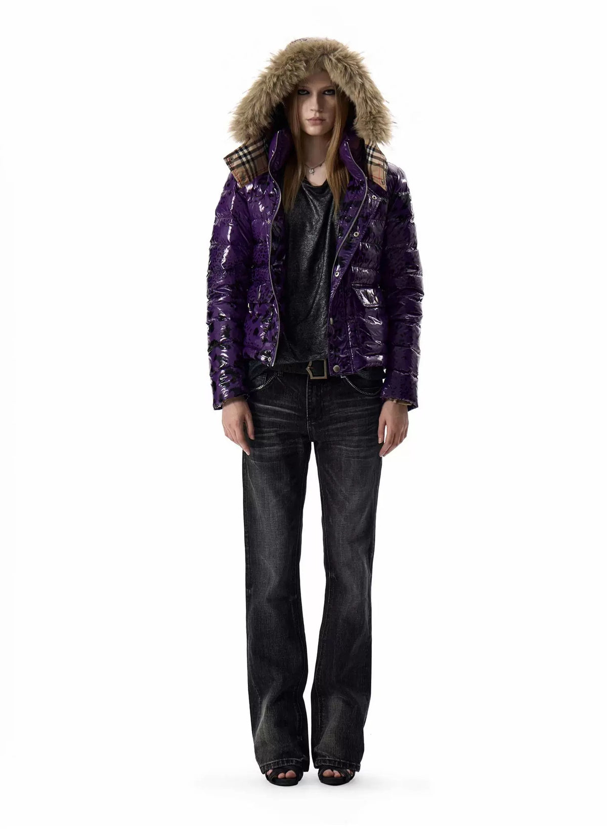 noEmosen Purple Leopard Glossy Fur-Hood Down Jacket - Purple front full length