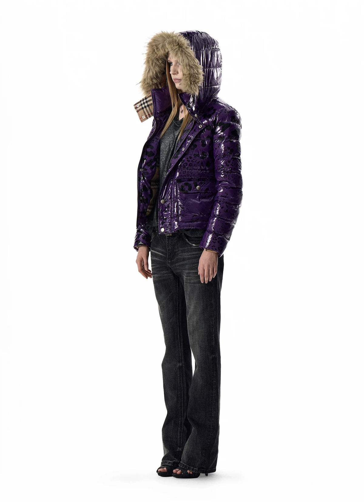 noEmosen Purple Leopard Glossy Fur-Hood Down Jacket - Purple side