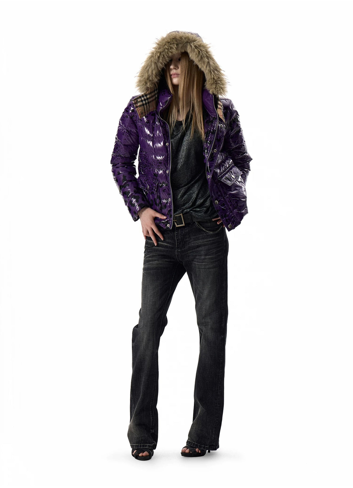 noEmosen Purple Leopard Glossy Fur-Hood Down Jacket - Purple front full length