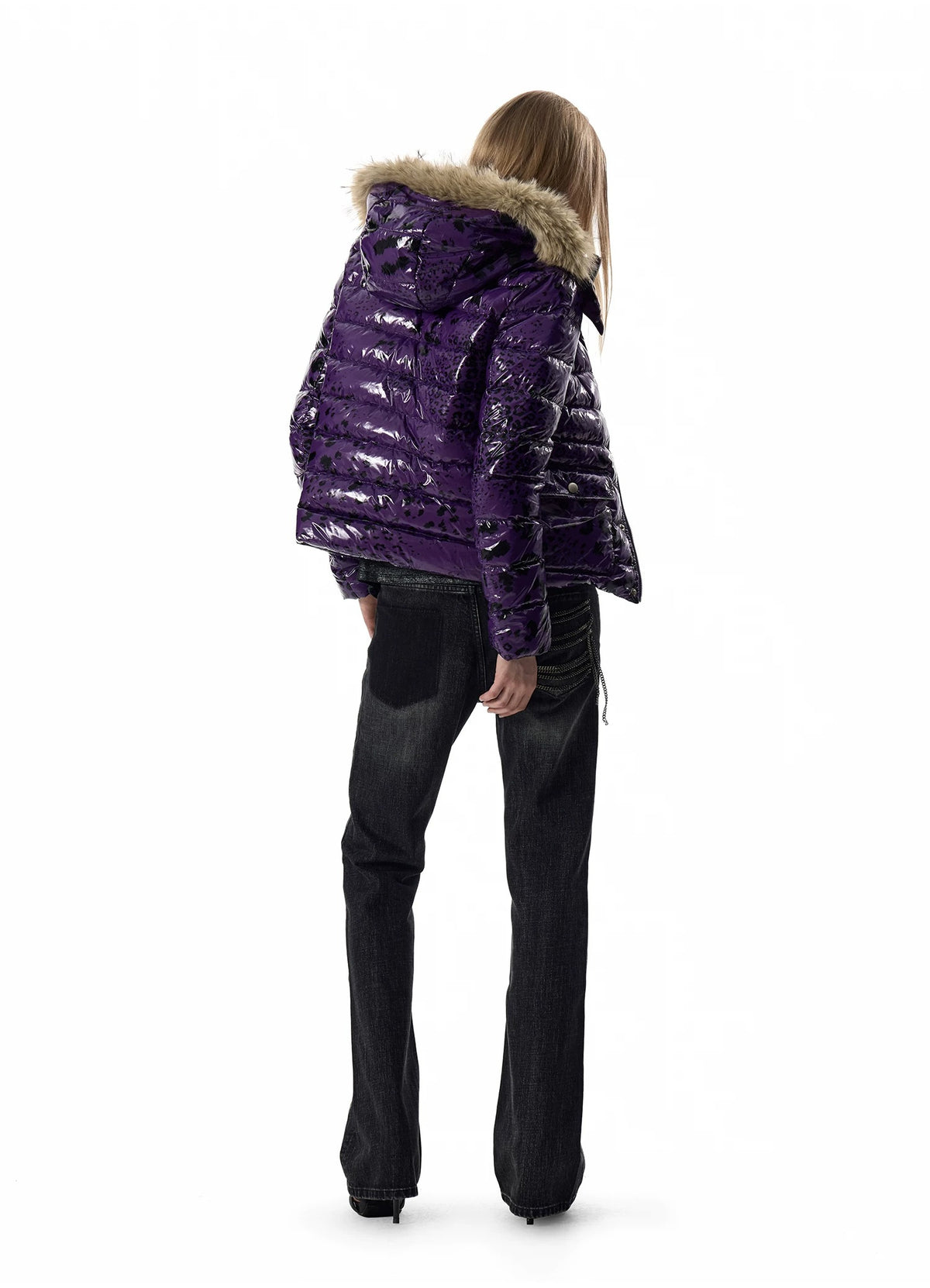 noEmosen Purple Leopard Glossy Fur-Hood Down Jacket - Purple back three-quarter