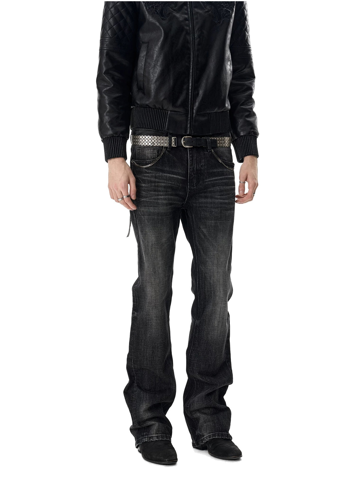 noEmosen Chain Pocket Washed Slim Flare Jeans - Black front styled look