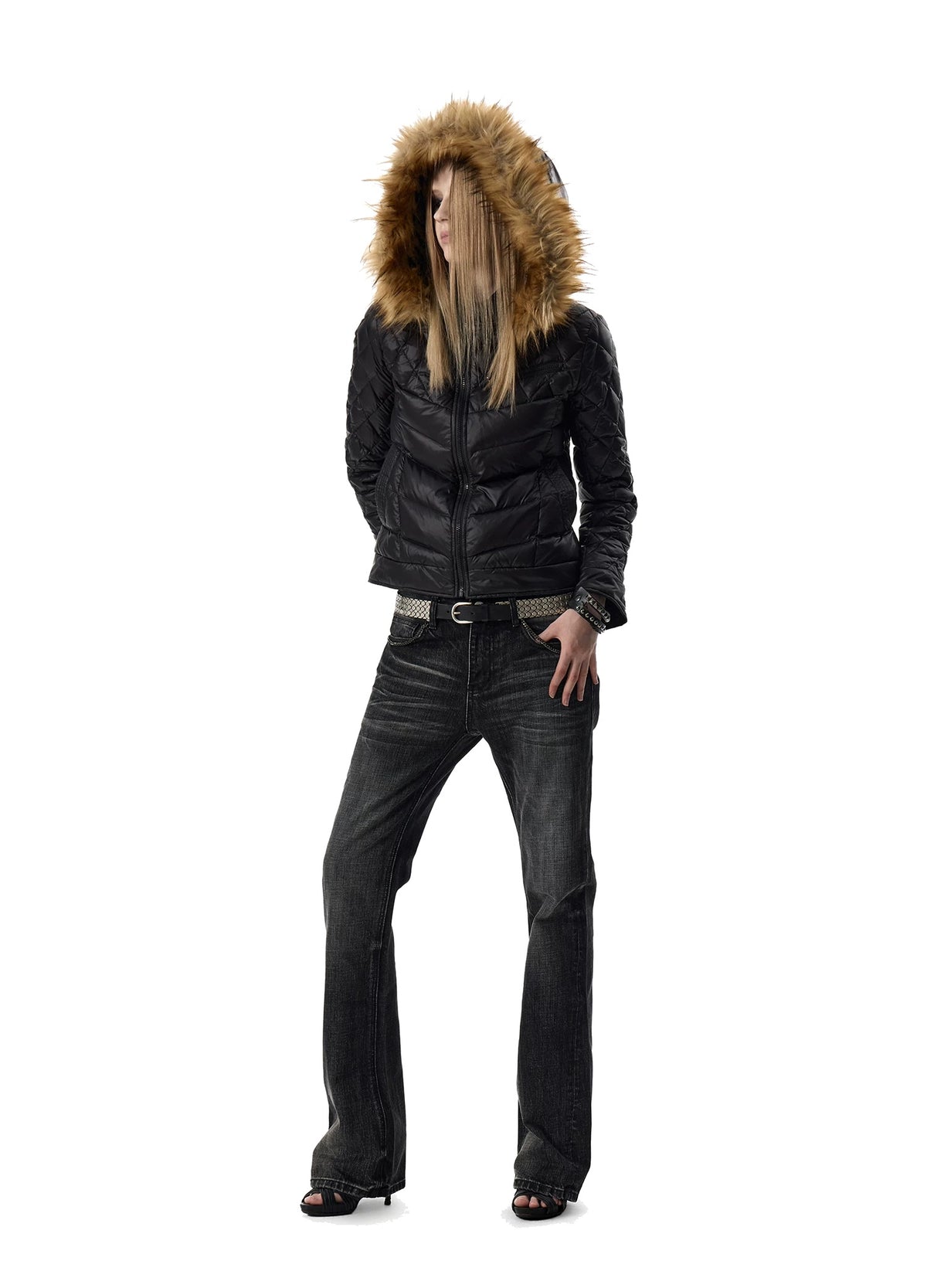 noEmosen Chain Pocket Washed Slim Flare Jeans - Full look with fur hood jacket
