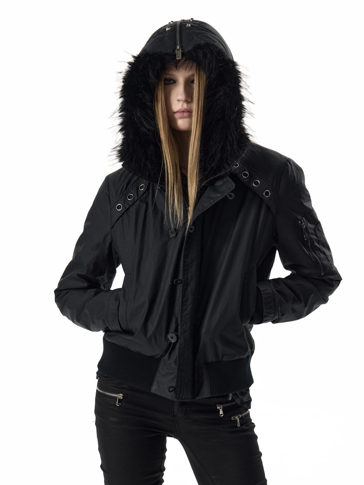 noEmosen Waxed Cross-Stud Fur-Hood N2B Jacket - view 4