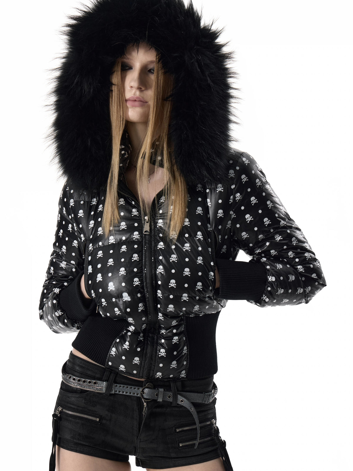 noEmosen Skull Polka Dot Fur-Hood Cropped Down Jacket - close-up detail