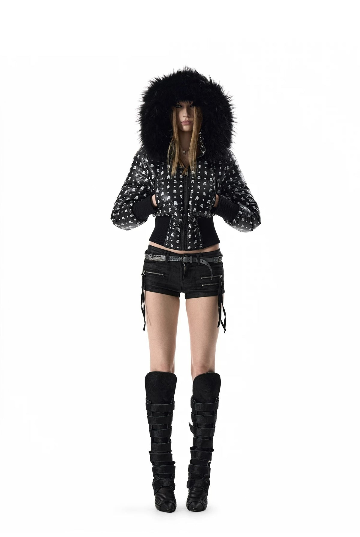 noEmosen Skull Polka Dot Fur-Hood Cropped Down Jacket - front full look