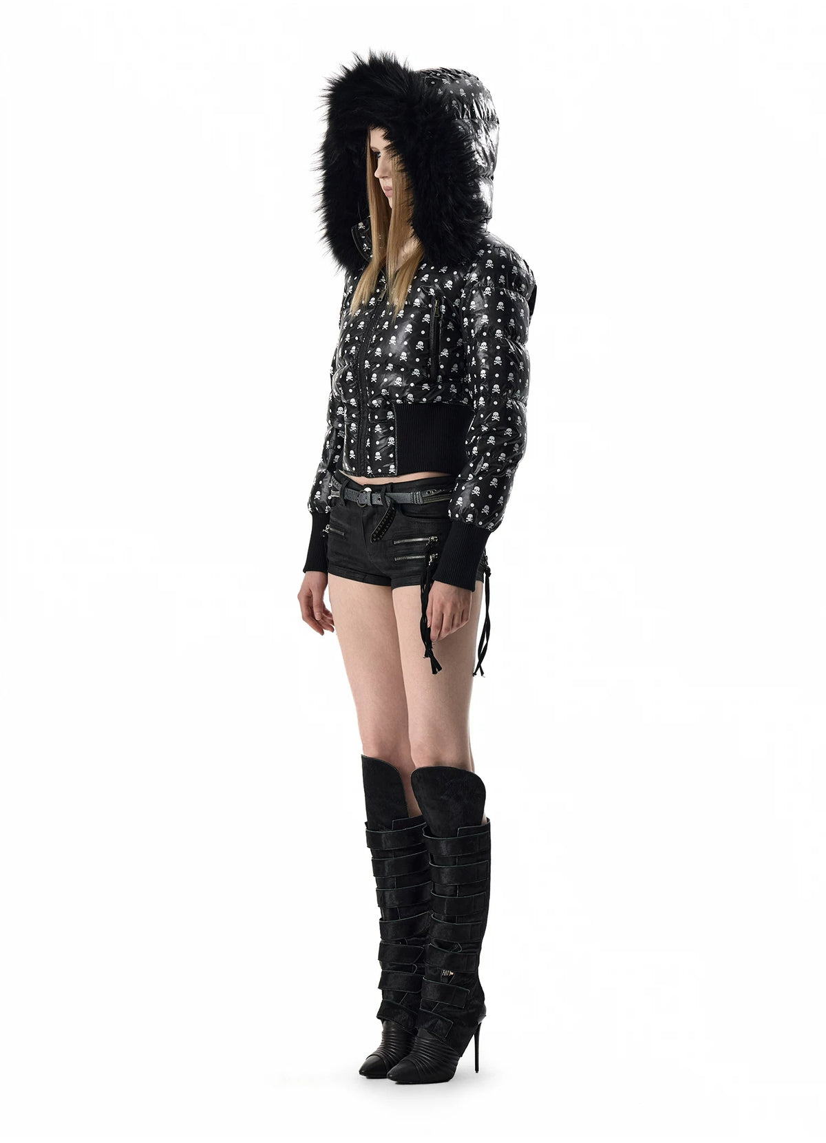 noEmosen Skull Polka Dot Fur-Hood Cropped Down Jacket - front full look 2