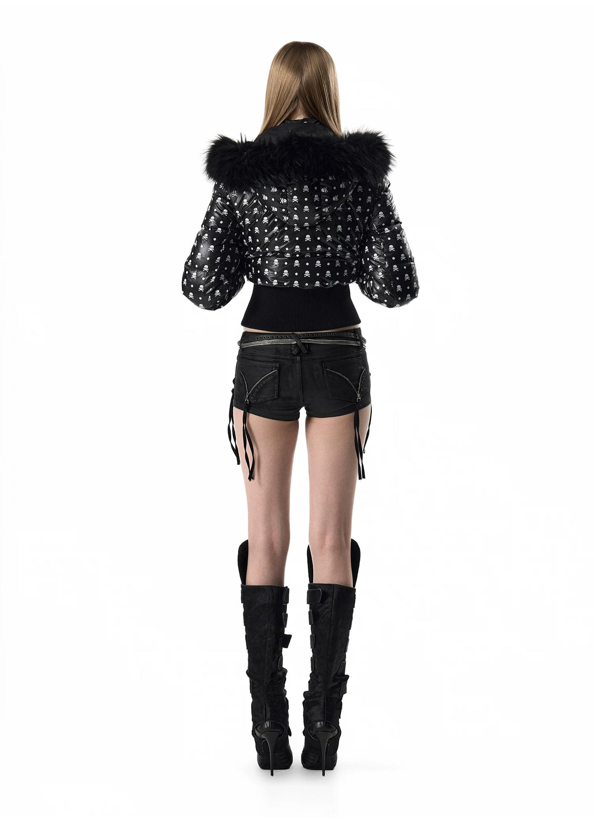noEmosen Skull Polka Dot Fur-Hood Cropped Down Jacket - side