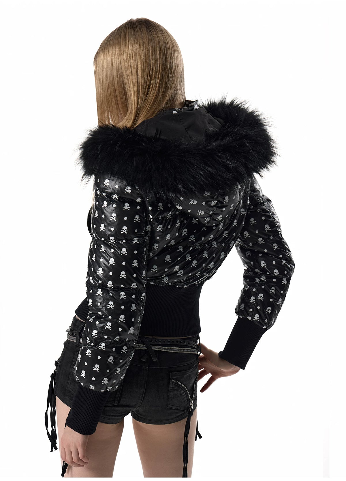 noEmosen Skull Polka Dot Fur-Hood Cropped Down Jacket - hood and front detail