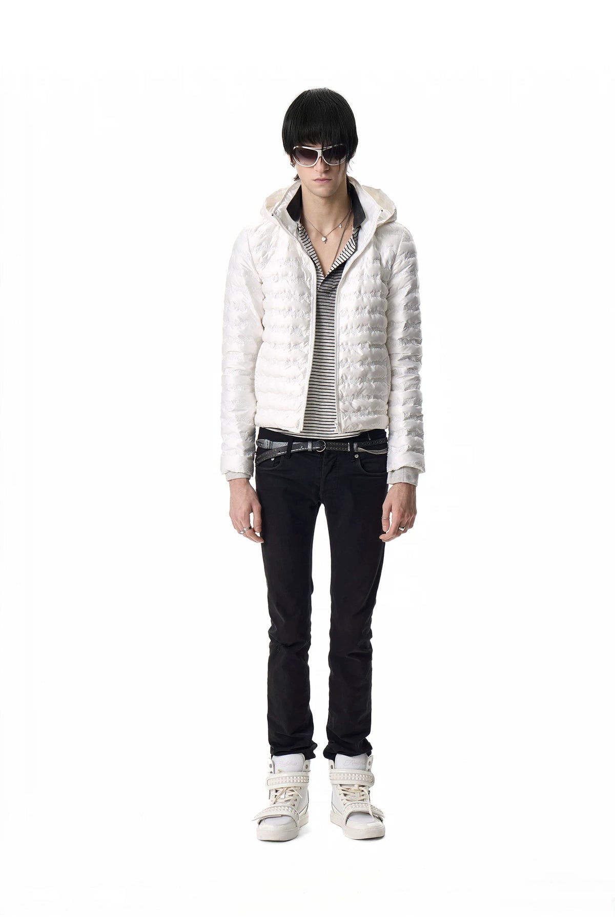 noEmosen Music Note Stitched Hooded Down Jacket - White front full look