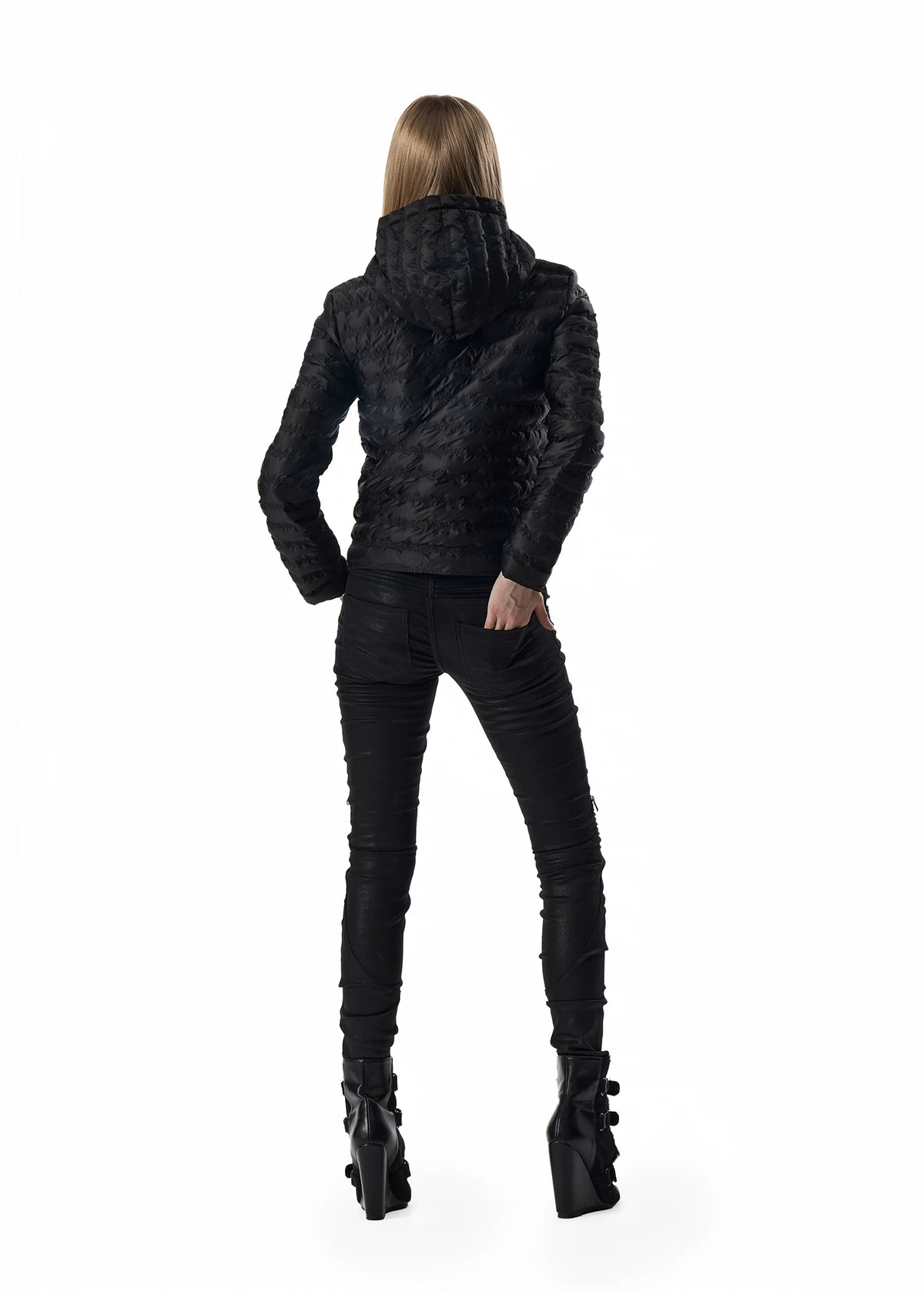 noEmosen Music Note Stitched Hooded Down Jacket - Black back view