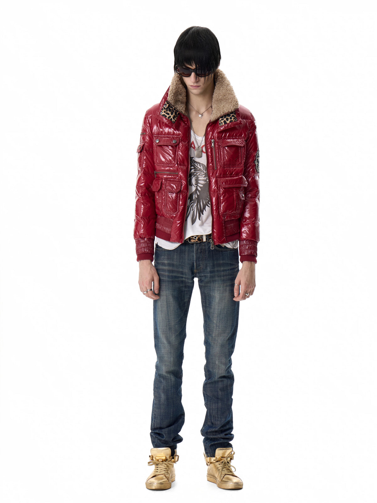 noEmosen Leopard Lined Glossy Red Sherpa Collar Down Jacket - Red front