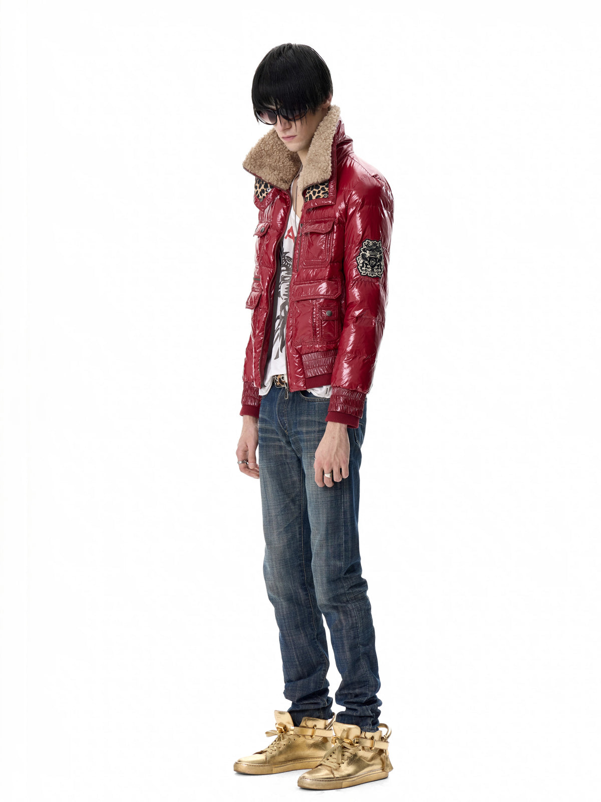 noEmosen Leopard Lined Glossy Red Sherpa Collar Down Jacket - Red side