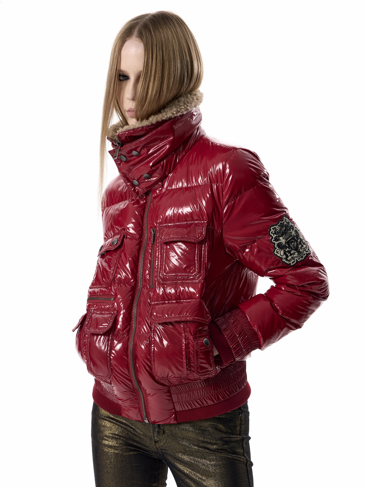 noEmosen Leopard Lined Glossy Red Sherpa Collar Down Jacket - Red front close-up