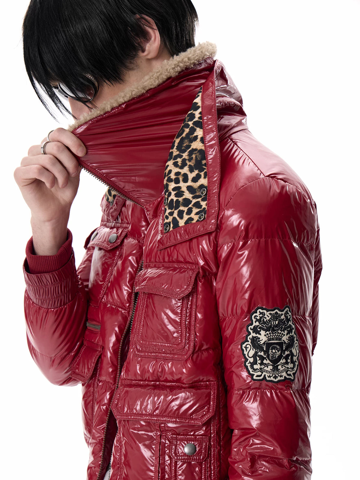 noEmosen Leopard Lined Glossy Red Sherpa Collar Down Jacket - Red sherpa collar and leopard lining detail