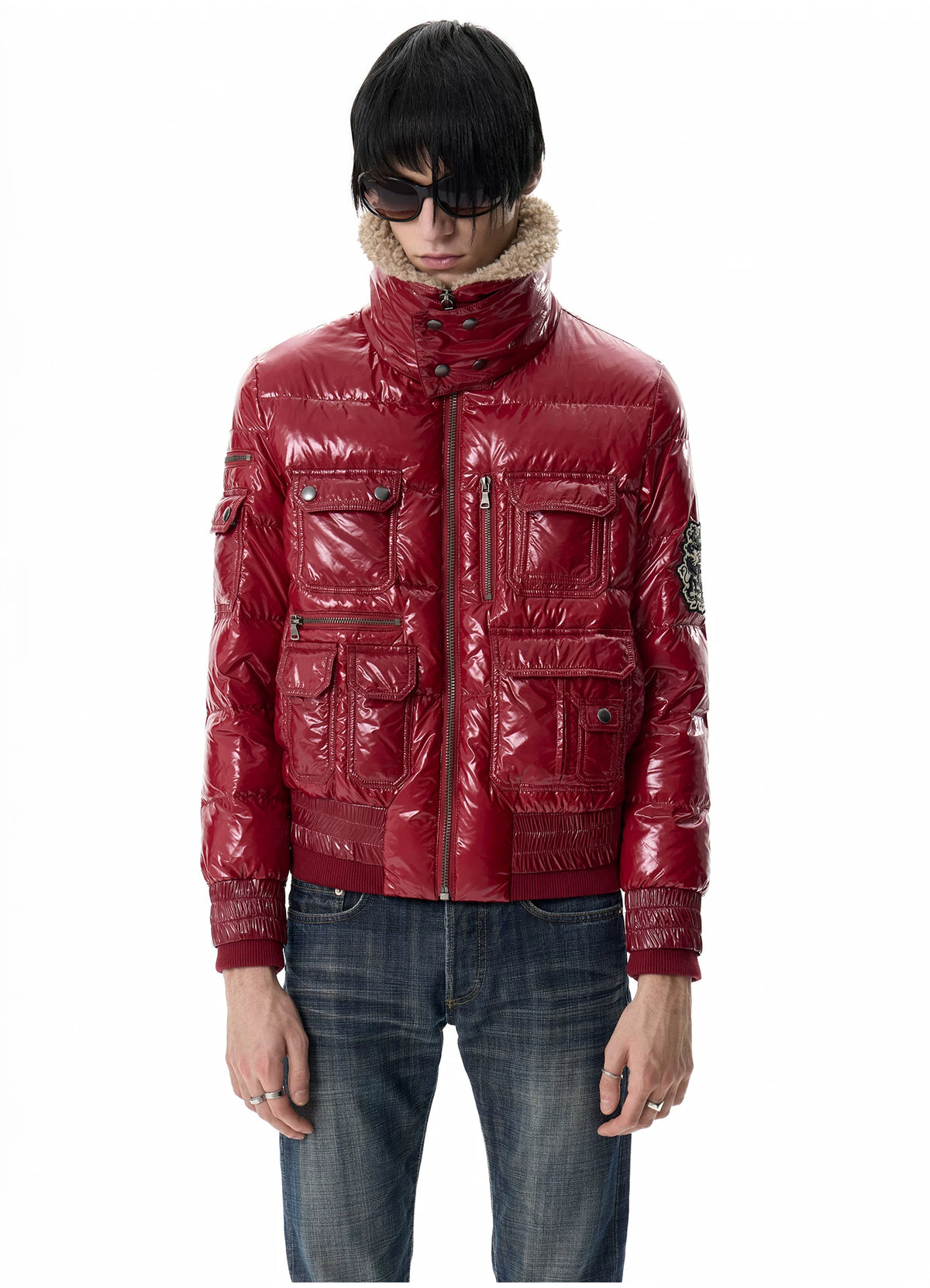 noEmosen Leopard Lined Glossy Red Sherpa Collar Down Jacket - Red front zipped close-up