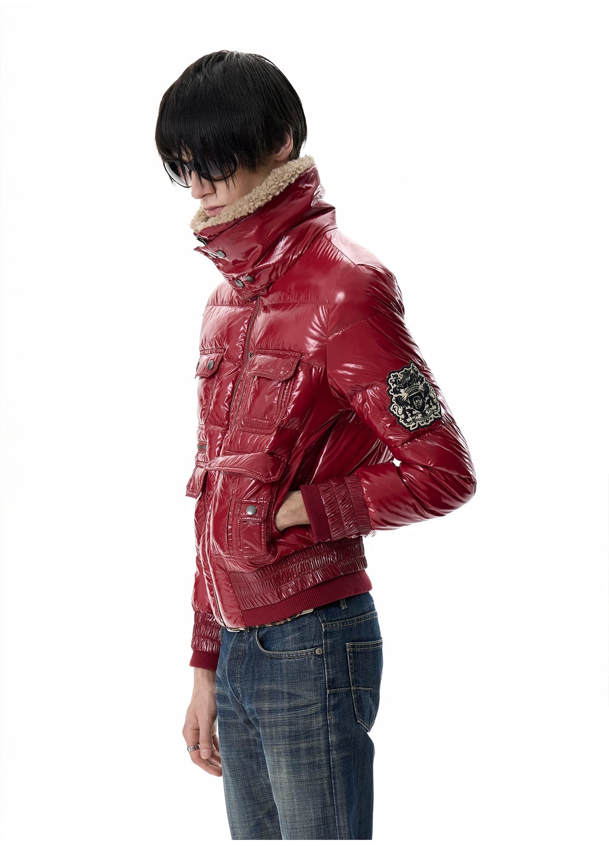 noEmosen Leopard Lined Glossy Red Sherpa Collar Down Jacket - Red side close-up