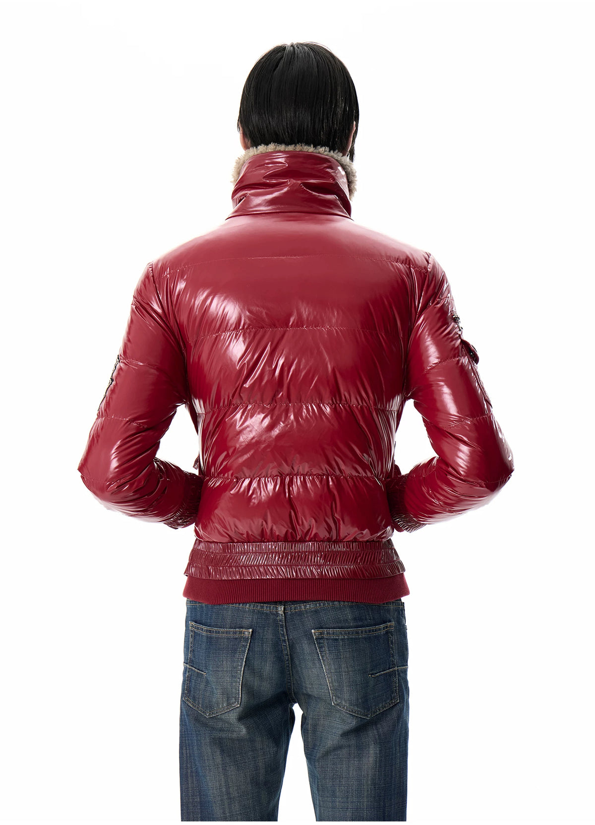 noEmosen Leopard Lined Glossy Red Sherpa Collar Down Jacket - Red back close-up