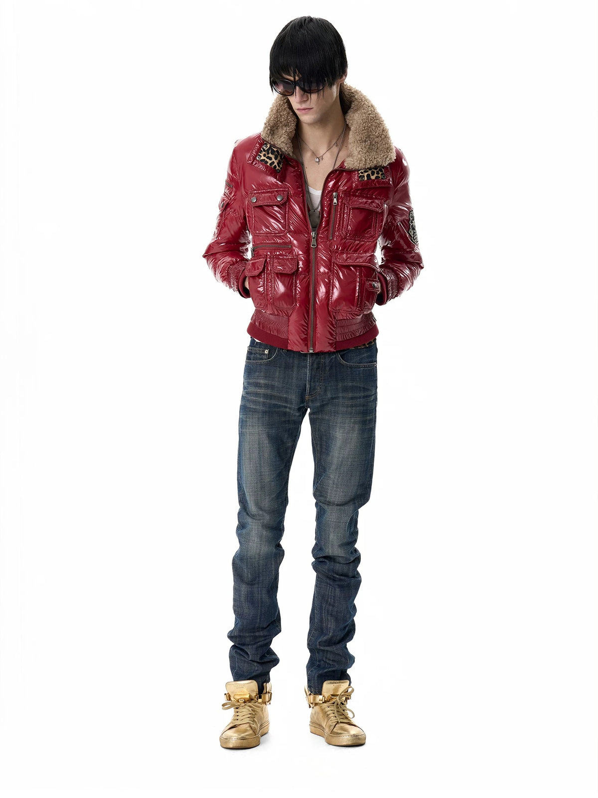 noEmosen Leopard Lined Glossy Red Sherpa Collar Down Jacket - Red front with open collar