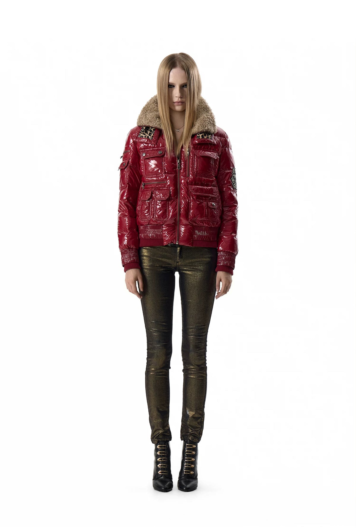 noEmosen Leopard Lined Glossy Red Sherpa Collar Down Jacket - Red front full length